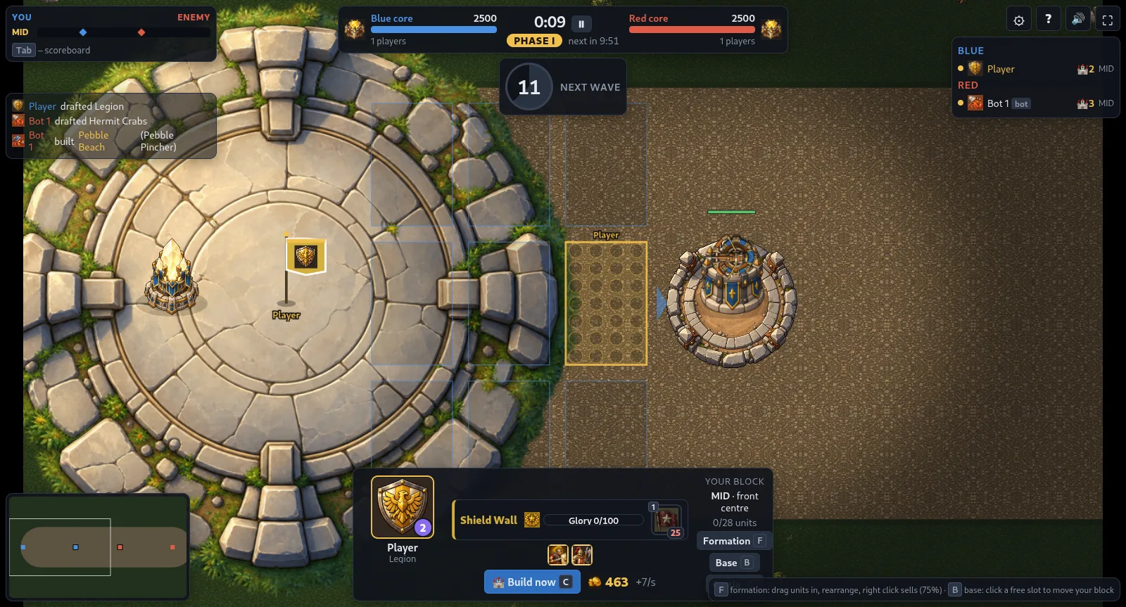 A match in progress: your castle, your block on the deploy board and a tower on the lane